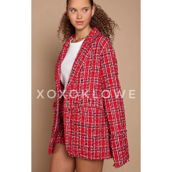 POL Red Tweed Blazer Plaid Print Relaxed Fit - Picture 5 of 16